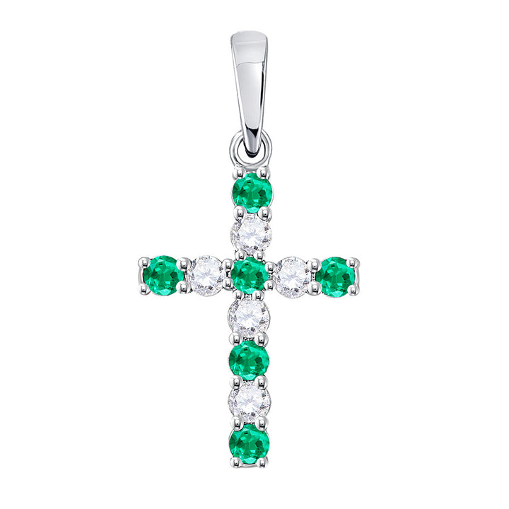 10kt White Gold Womens Round Lab-Created Emerald Cross Pendant 1/3 Cttw