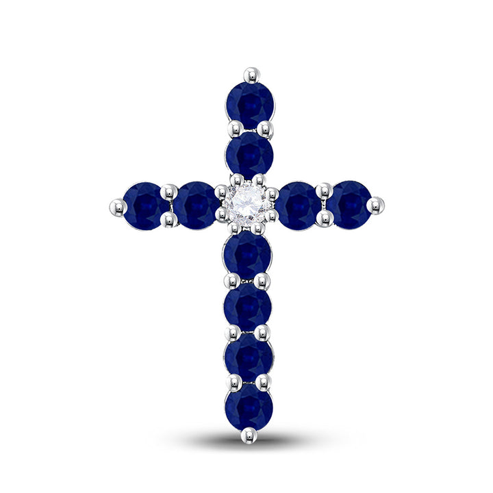 10kt White Gold Womens Round Lab-Created Blue Sapphire Cross Pendant 7/8 Cttw