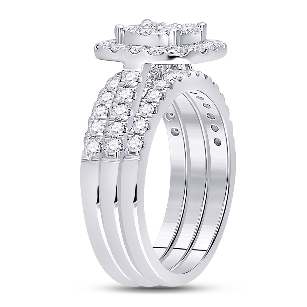 14kt White Gold Round Diamond 3-Piece Bridal Wedding Ring Band Set 1-1/2 Cttw