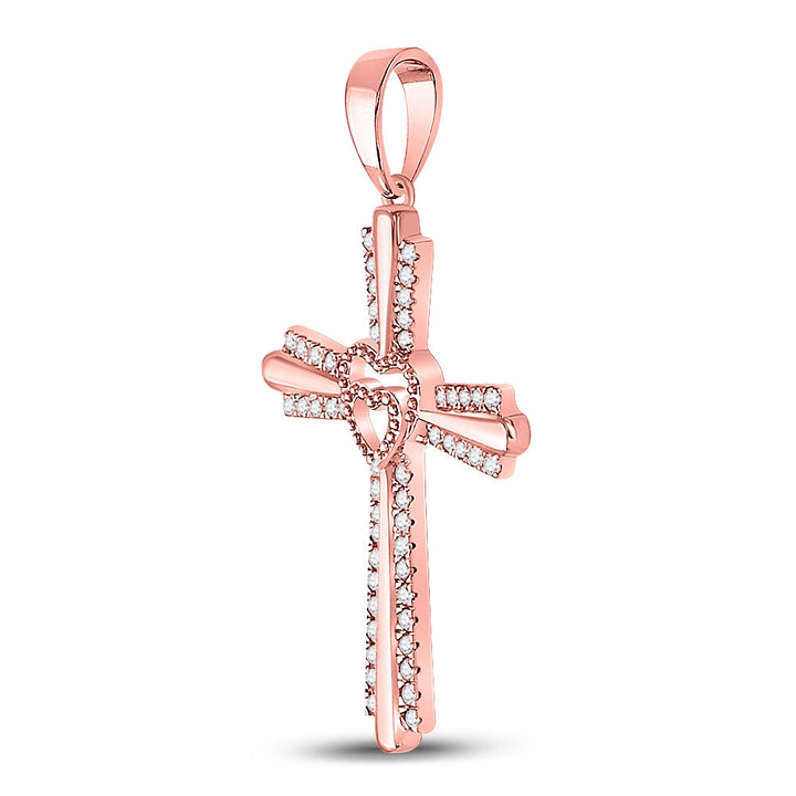 10kt Rose Gold Womens Round Diamond Heart Cross Pendant 1/4 Cttw