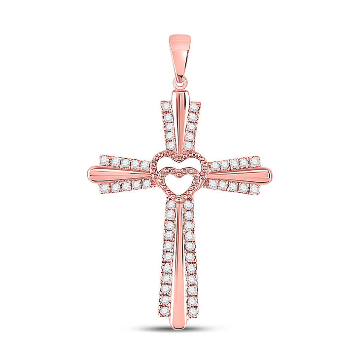 10kt Rose Gold Womens Round Diamond Heart Cross Pendant 1/4 Cttw