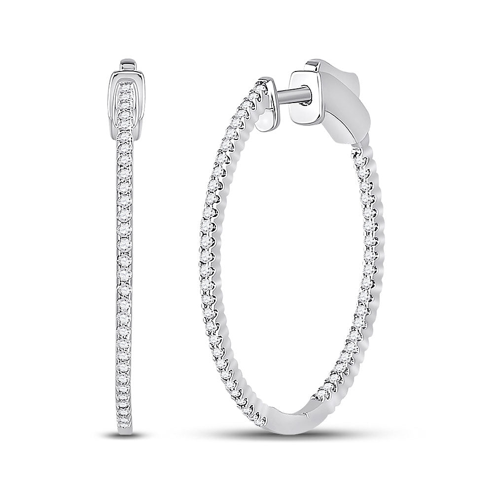 14kt White Gold Womens Round Diamond Inside-Outside Hoop Earrings 1/2 Cttw