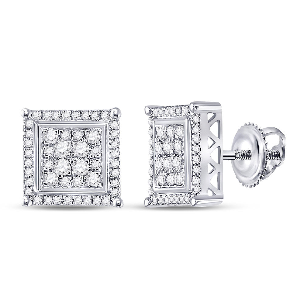 10kt White Gold Mens Round Diamond Square Earrings 1/2 Cttw