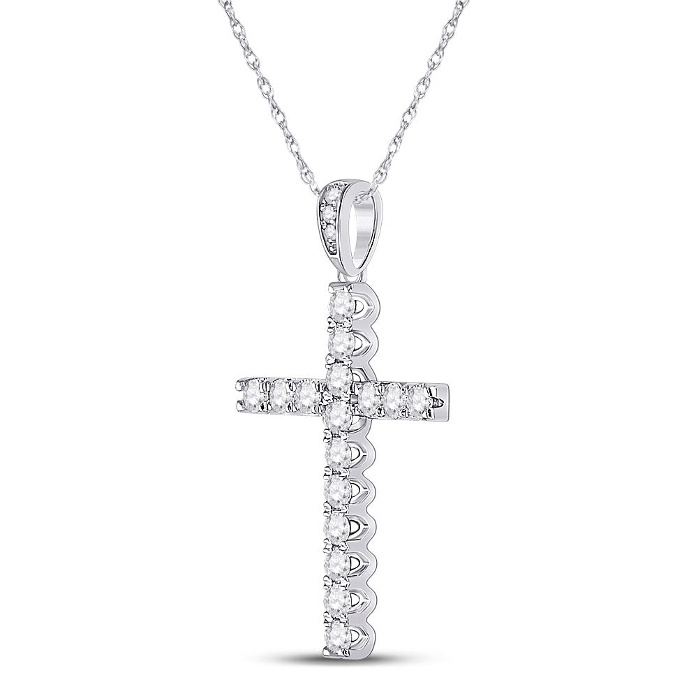 14kt White Gold Womens Round Diamond Cross Pendant 1/2 Cttw