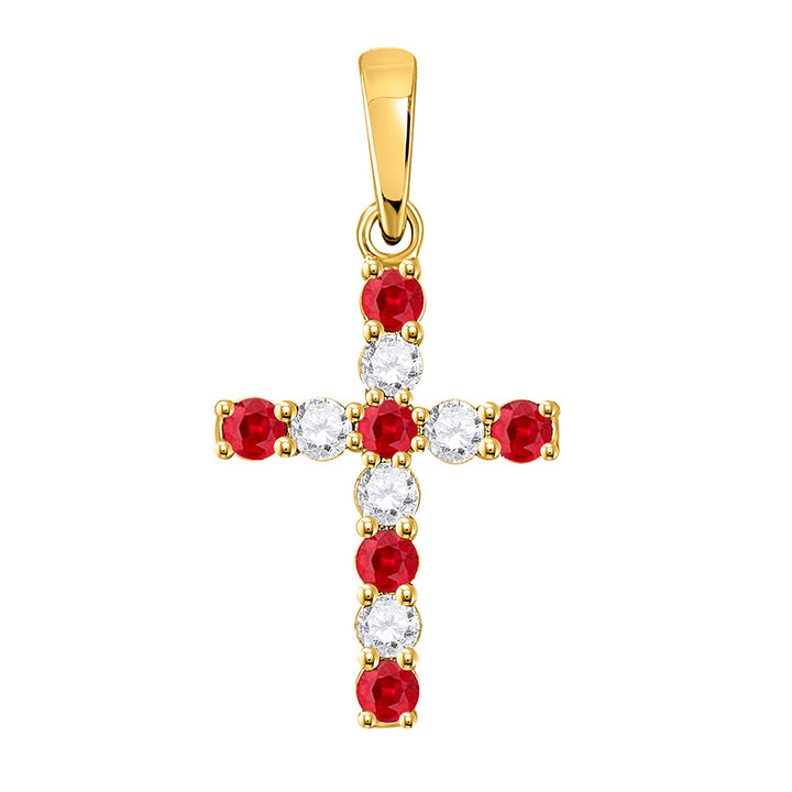 10kt Yellow Gold Womens Round Lab-Created Ruby Cross Pendant 3/8 Cttw