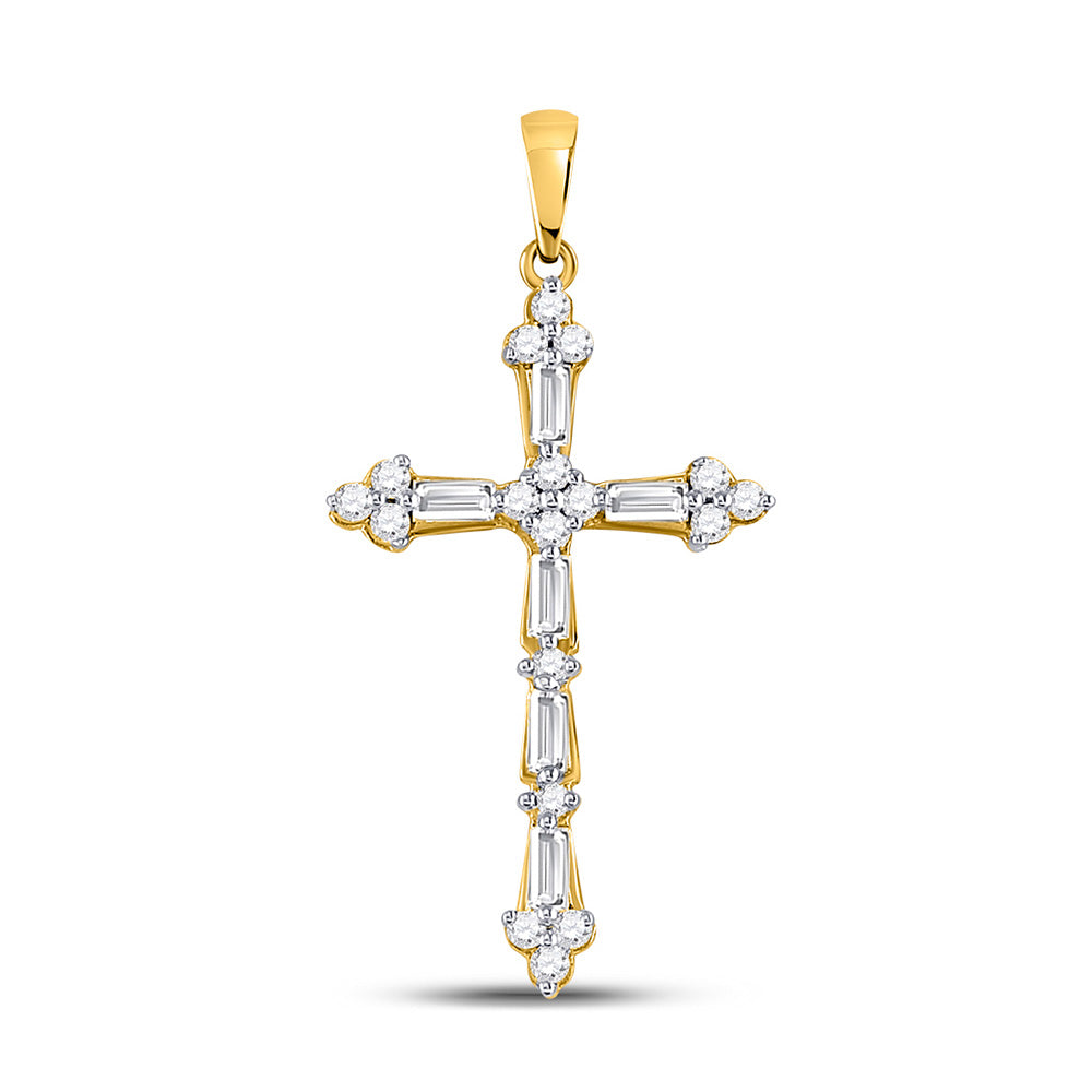 10kt Yellow Gold Womens Round Baguette Diamond Cross Pendant 1/2 Cttw