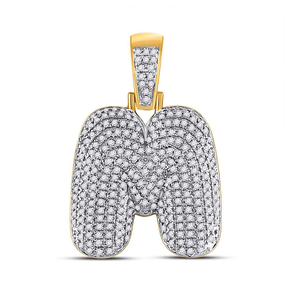 10kt Yellow Gold Mens Round Diamond Bubble M Letter Charm Pendant 3/4 Cttw