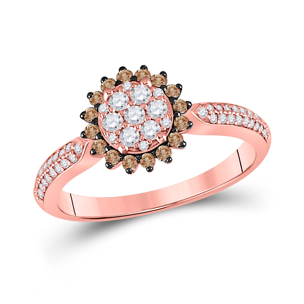 10kt Rose Gold Womens Round Brown Diamond Halo Cluster Ring 1/2 Cttw