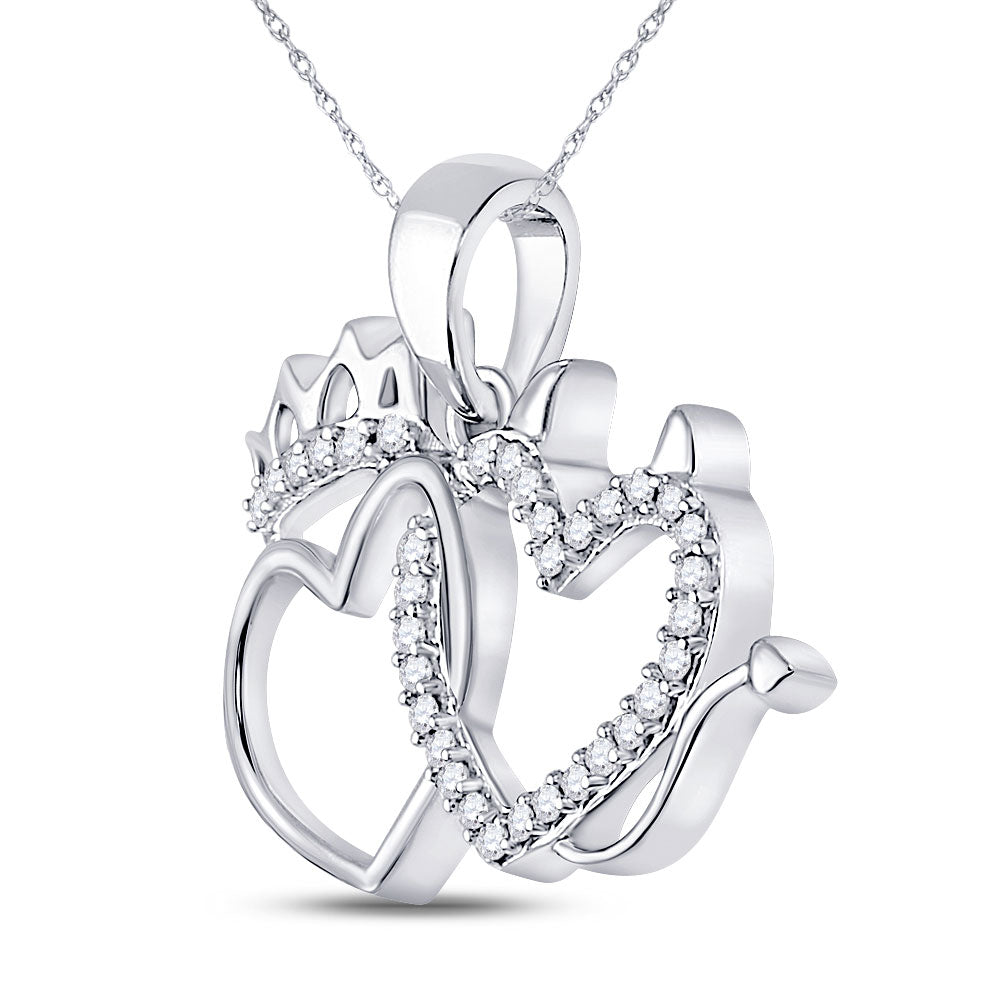 10kt White Gold Womens Round Diamond Double Heart Pendant 1/6 Cttw