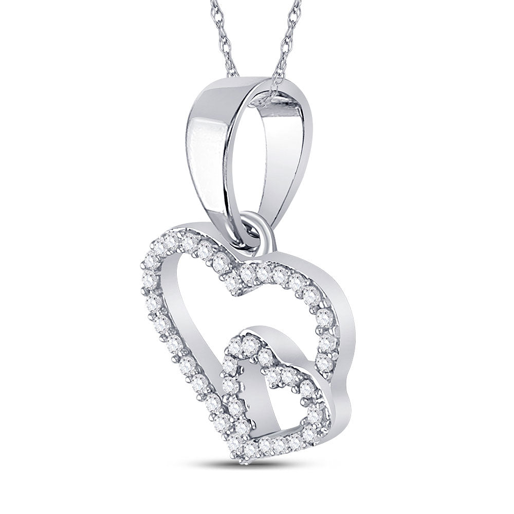 10kt White Gold Womens Round Diamond Double Heart Pendant 1/10 Cttw