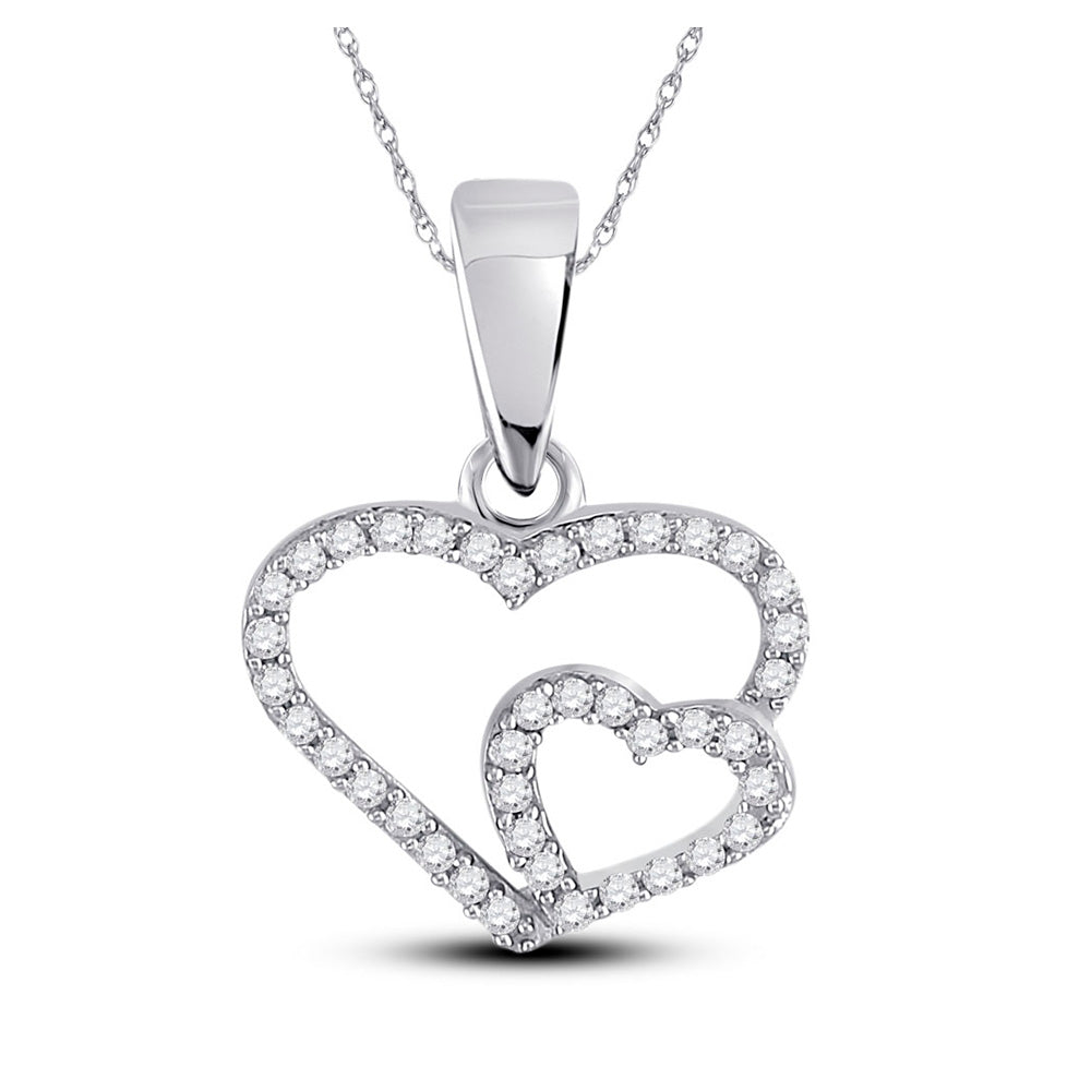 10kt White Gold Womens Round Diamond Double Heart Pendant 1/10 Cttw