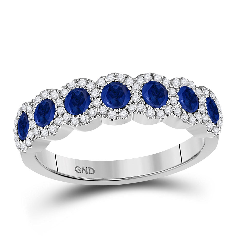 14kt White Gold Womens Round Blue Sapphire Diamond Band Ring 1-1/4 Cttw