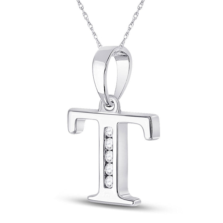 10kt White Gold Womens Round Diamond T Initial Letter Pendant 1/20 Cttw