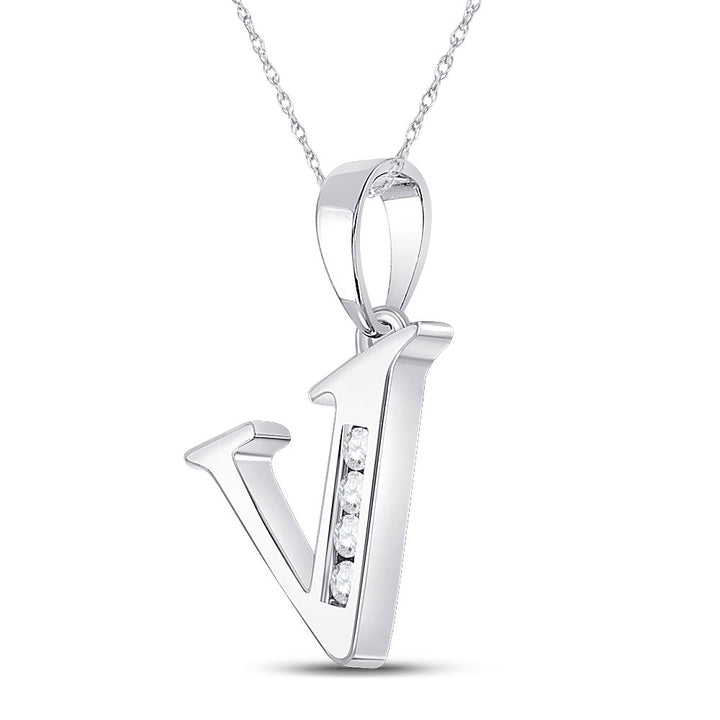 10kt White Gold Womens Round Diamond V Initial Letter Pendant 1/20 Cttw