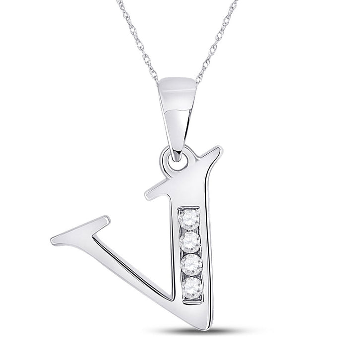 10kt White Gold Womens Round Diamond V Initial Letter Pendant 1/20 Cttw