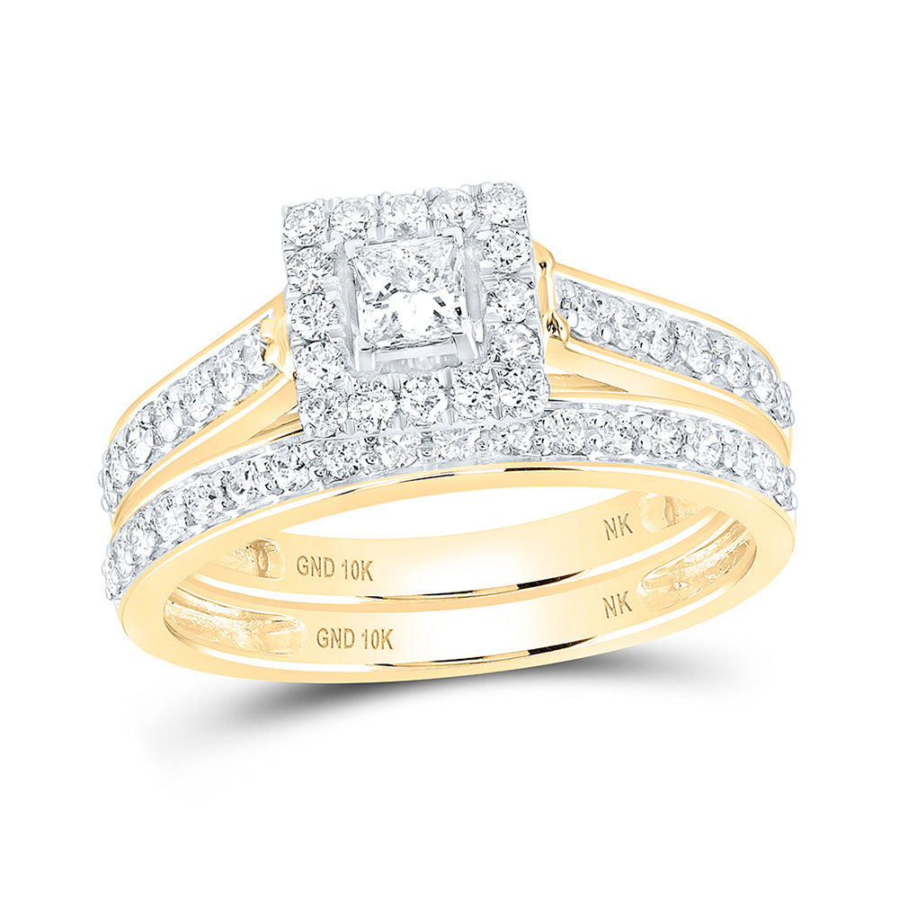 10kt Yellow Gold Princess Diamond Square Halo Bridal Wedding Ring Band Set 7/8 Cttw