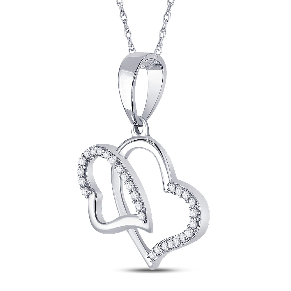 10kt White Gold Womens Round Diamond Double Heart Pendant 1/6 Cttw