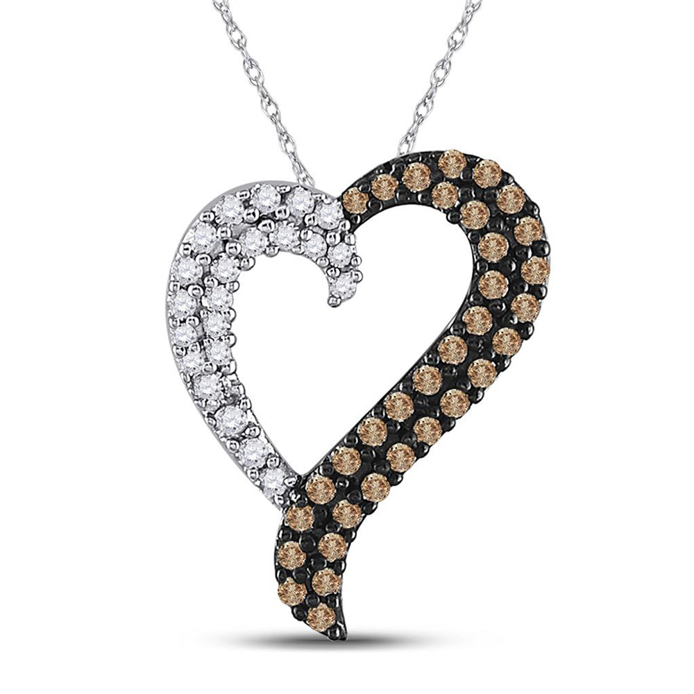 14kt White Gold Womens Round Brown Diamond Heart Pendant 1/3 Cttw