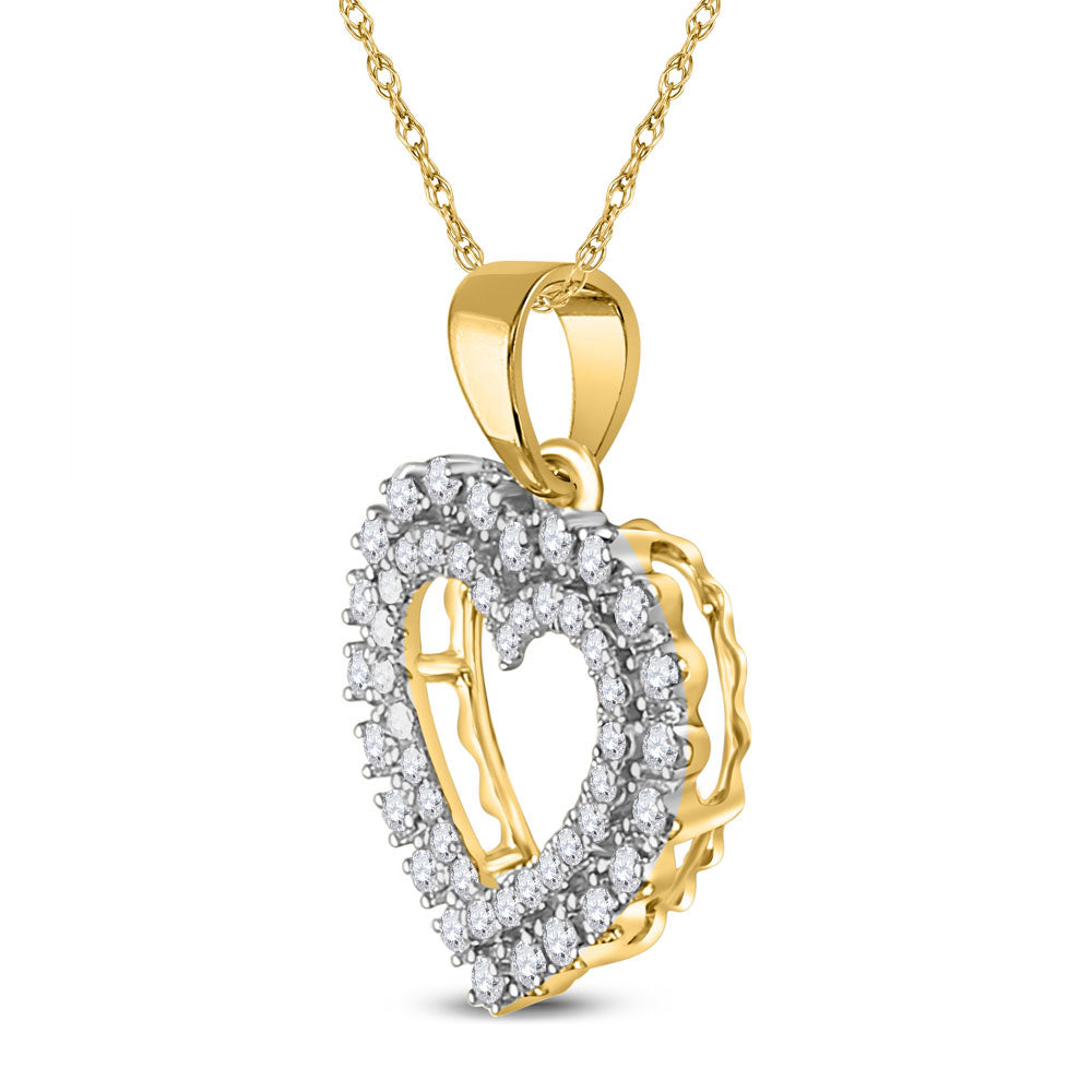 14kt Yellow Gold Womens Round Diamond Double Outline Heart Pendant 3/8 Cttw