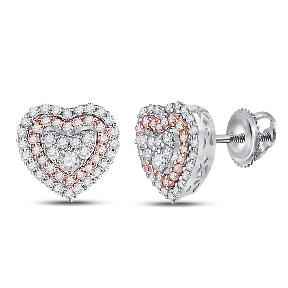 14kt White Gold Womens Round Diamond Heart Earrings 3/8 Cttw