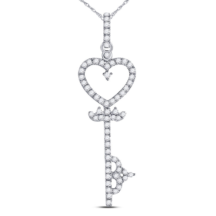 10kt White Gold Womens Round Diamond Key Heart Pendant 1/5 Cttw