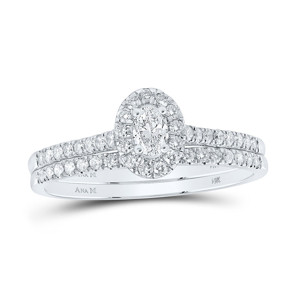 14kt White Gold Oval Diamond Bridal Wedding Ring Band Set 3/4 Cttw