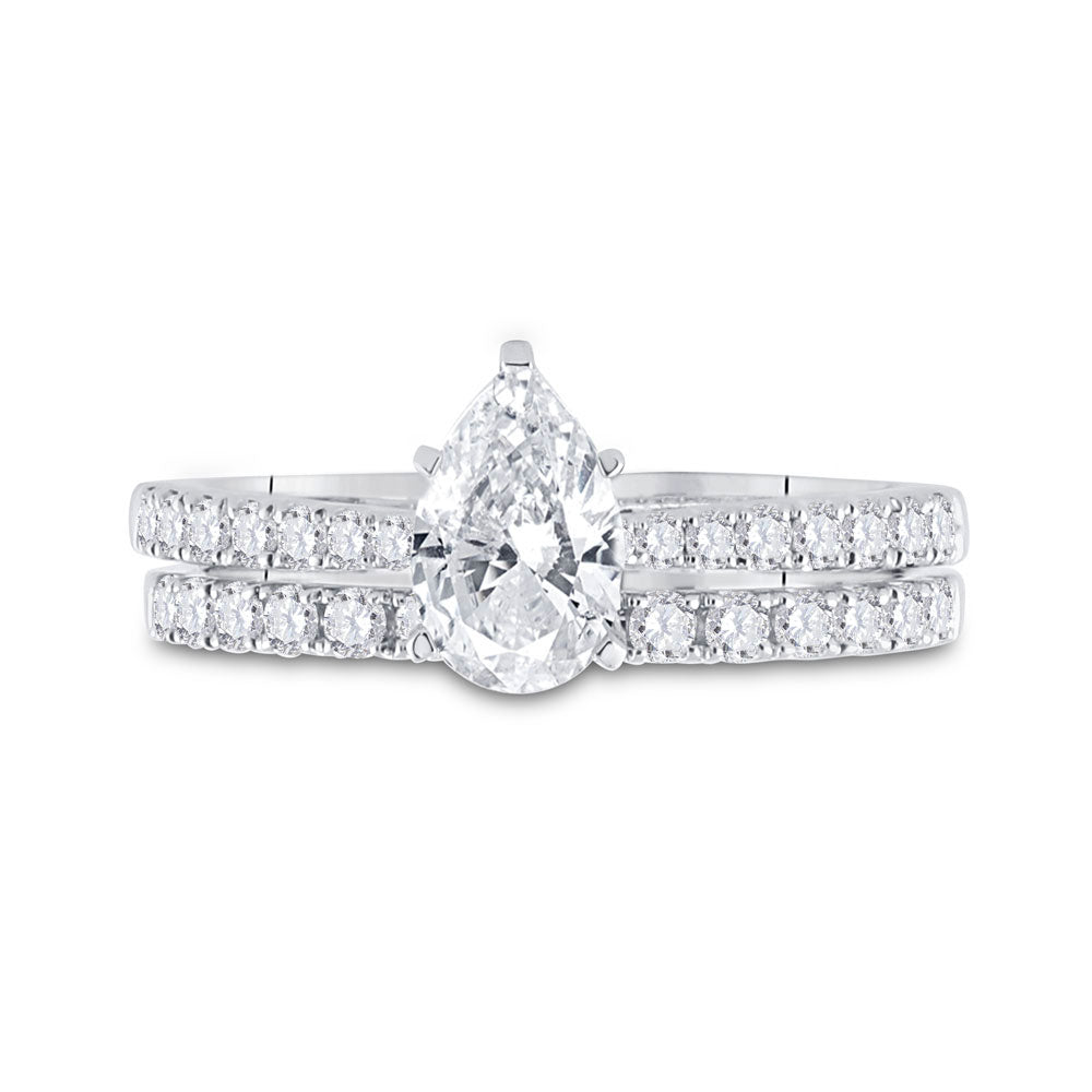 14kt White Gold Pear Diamond Bridal Wedding Ring Band Set 1-1/4 Cttw