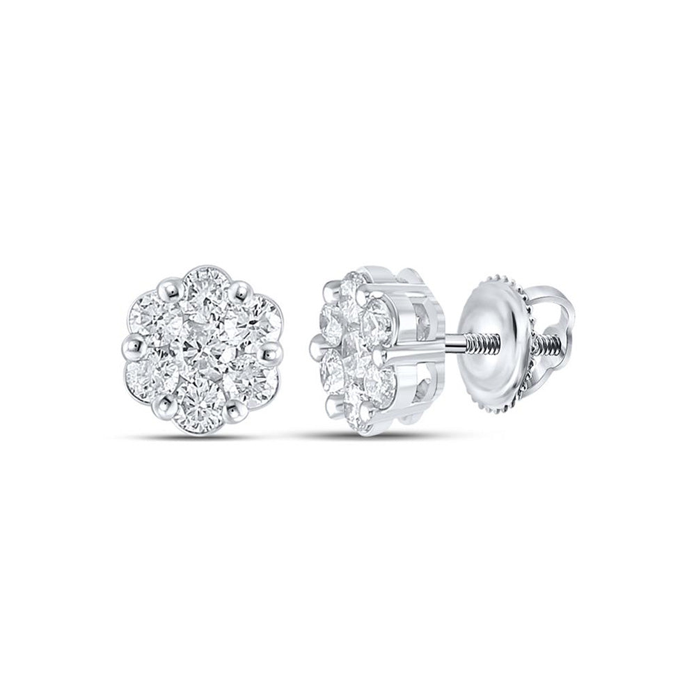 10kt White Gold Womens Round Diamond Flower Cluster Earrings 1/2 Cttw