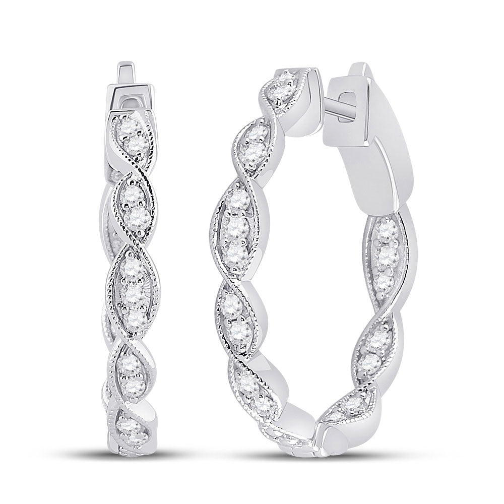 14kt White Gold Womens Round Diamond Fashion Hoop Earrings 1/4 Cttw