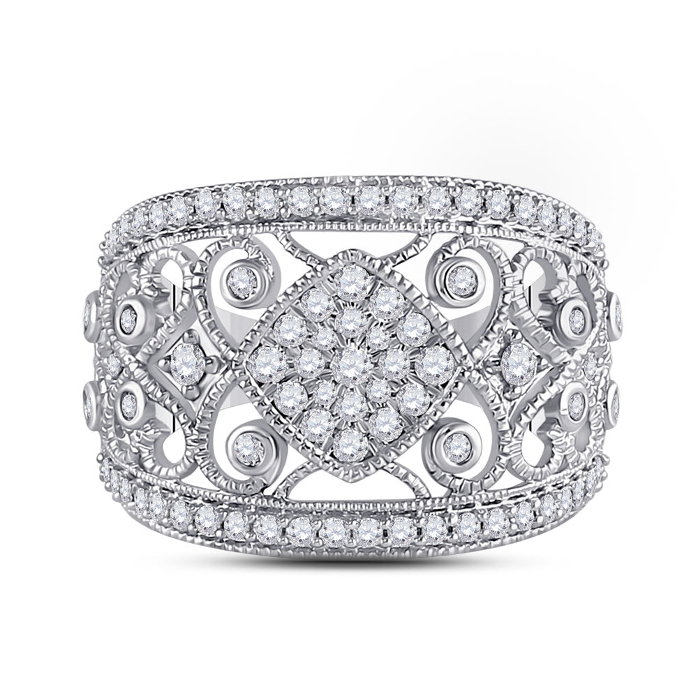 14kt White Gold Womens Round Diamond Filigree Fashion Ring 3/4 Cttw