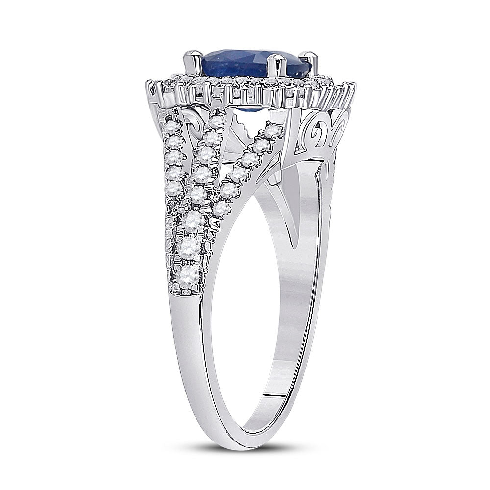 14kt White Gold Womens Cushion Blue Sapphire Diamond Halo Ring 2 Cttw