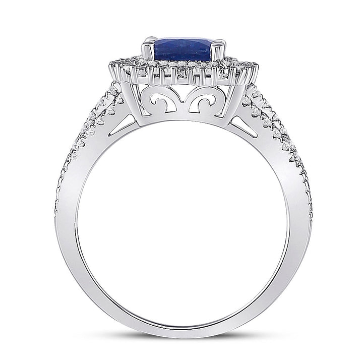 14kt White Gold Womens Cushion Blue Sapphire Diamond Halo Ring 2 Cttw