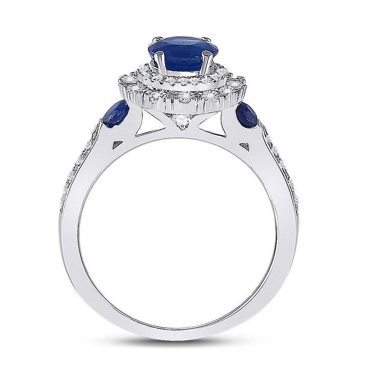 14kt White Gold Womens Round Blue Sapphire Diamond Halo Ring 1-3/4 Cttw