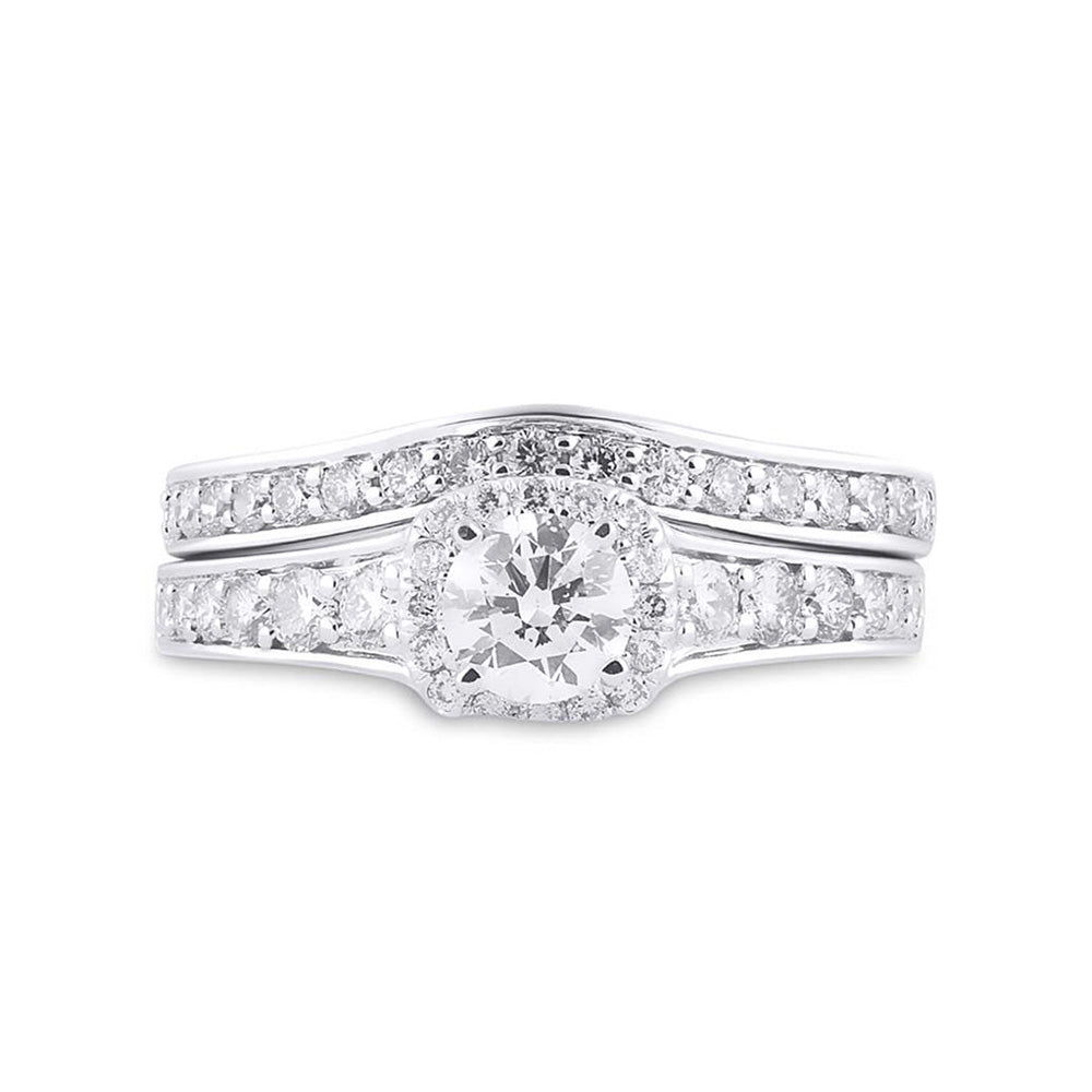 14kt White Gold Round Diamond Halo Bridal Wedding Ring Band Set 1-1/4 Cttw