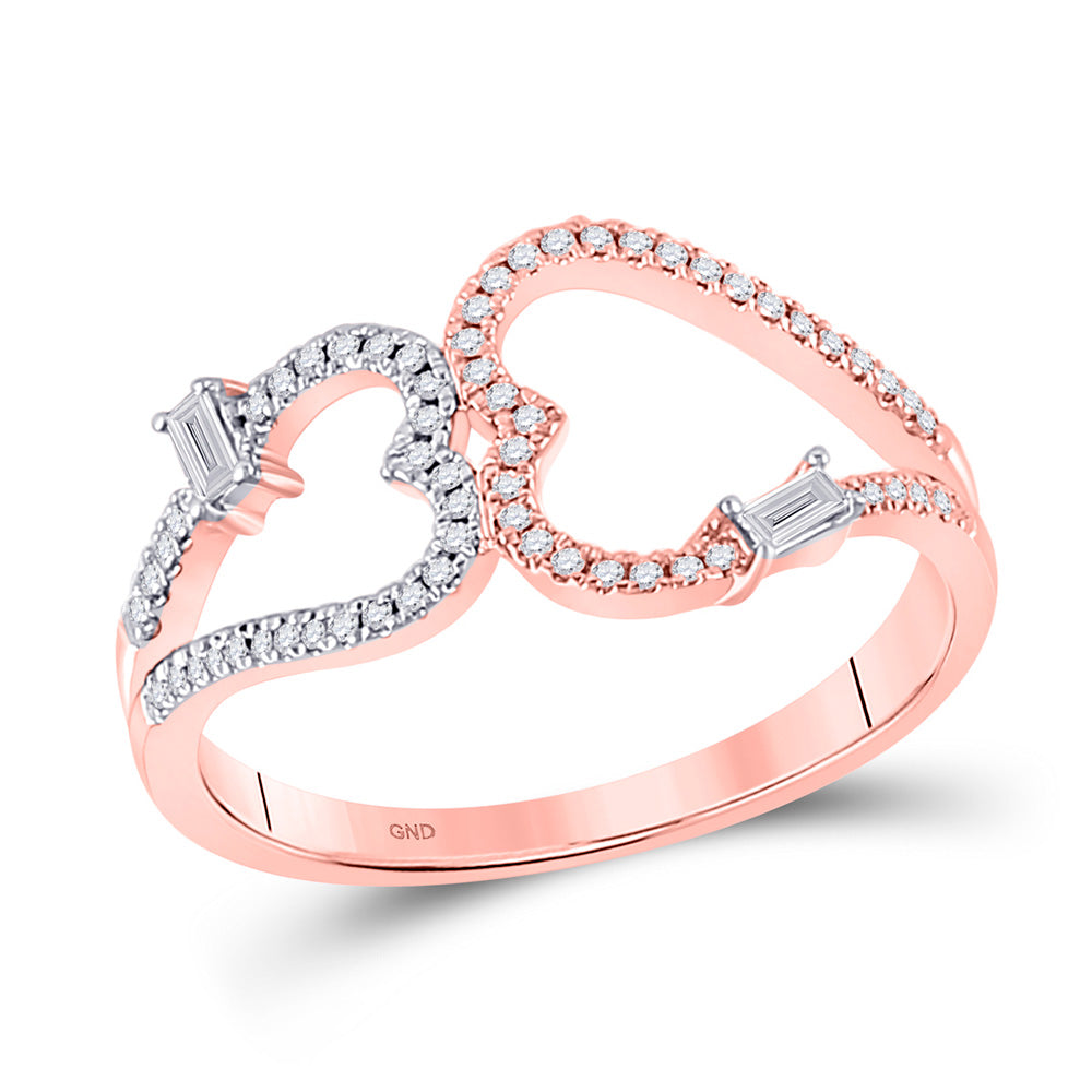 14kt Rose Gold Womens Round Diamond Double Heart Ring 1/5 Cttw