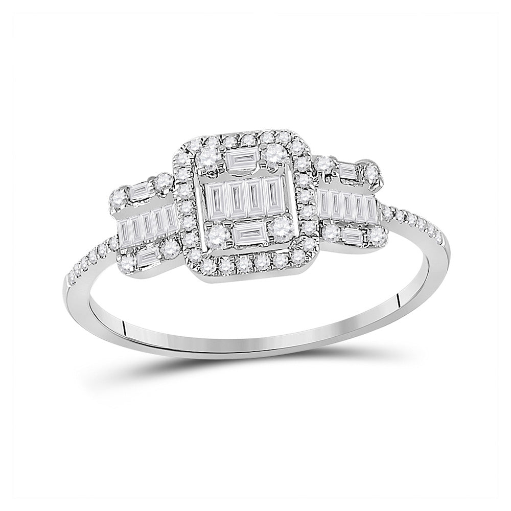 14kt White Gold Womens Baguette Diamond Triple Cluster Ring 3/8 Cttw