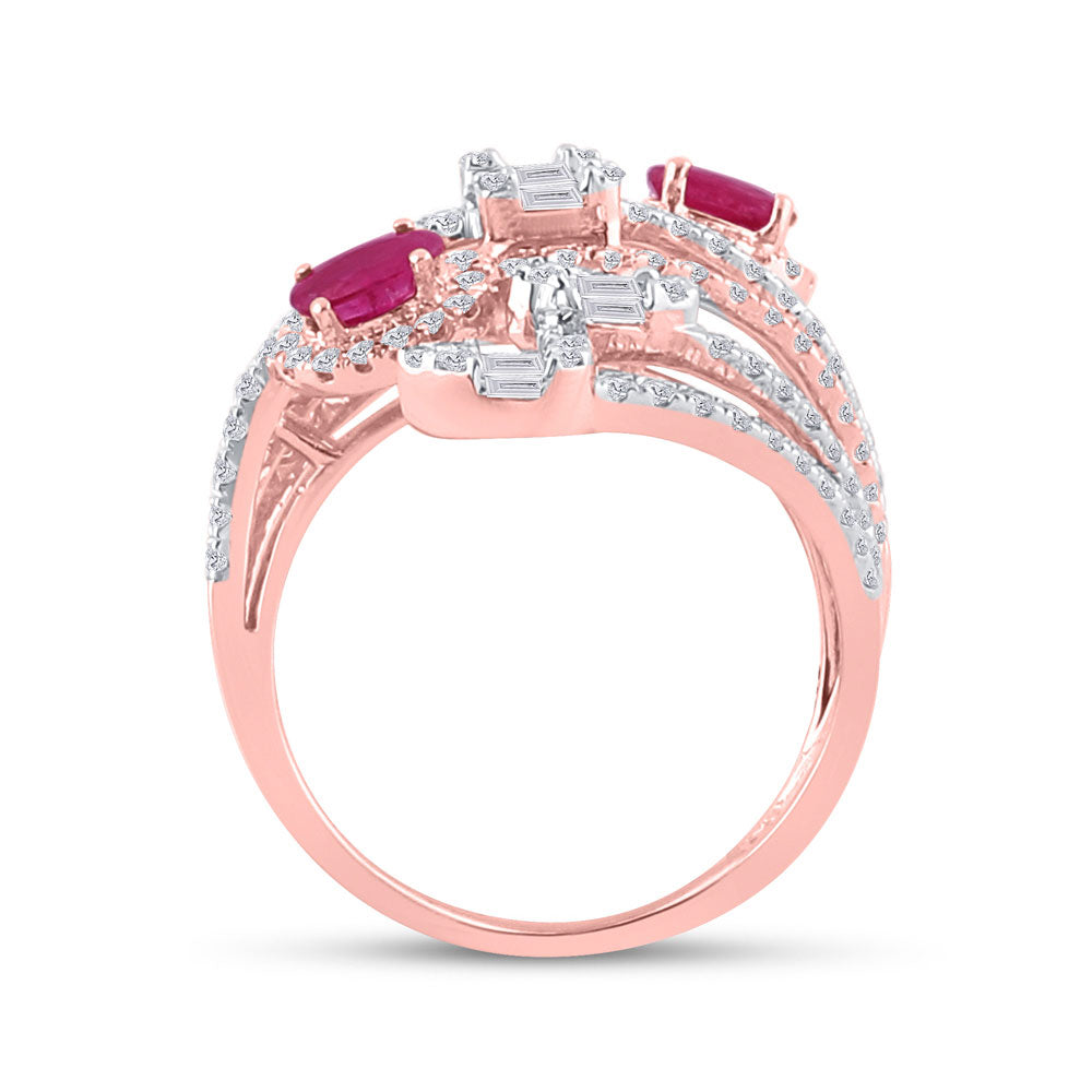 14kt Rose Gold Womens Oval Ruby Diamond Spiral Cocktail Ring 1-3/4 Cttw