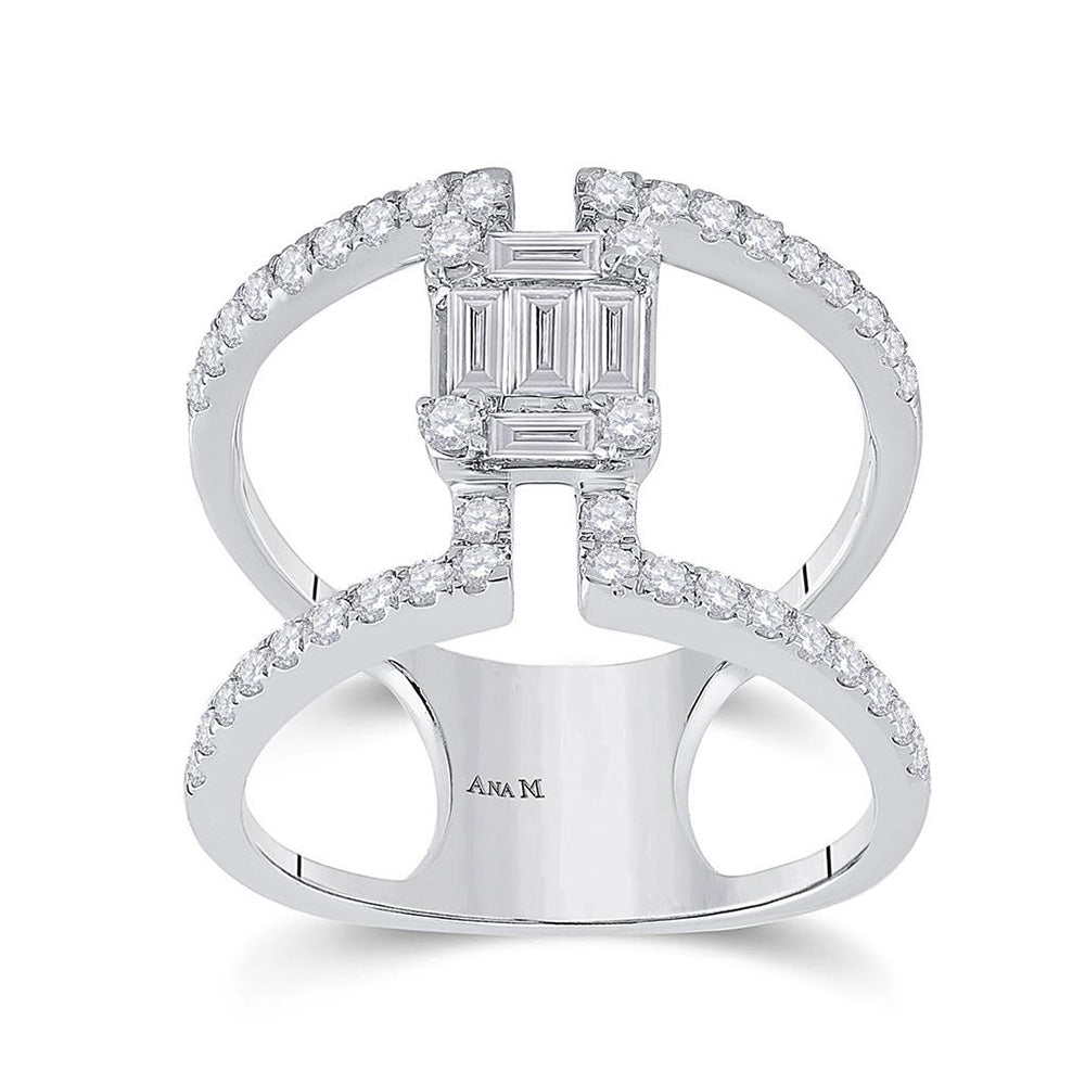 14kt White Gold Womens Baguette Diamond Negative Space Fashion Ring 1 Cttw