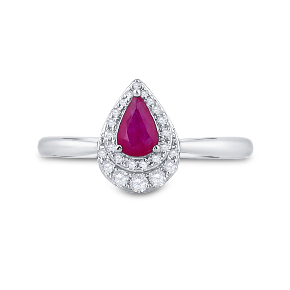 14kt White Gold Womens Pear Ruby Diamond Teardrop Halo Solitaire Ring 3/4 Cttw