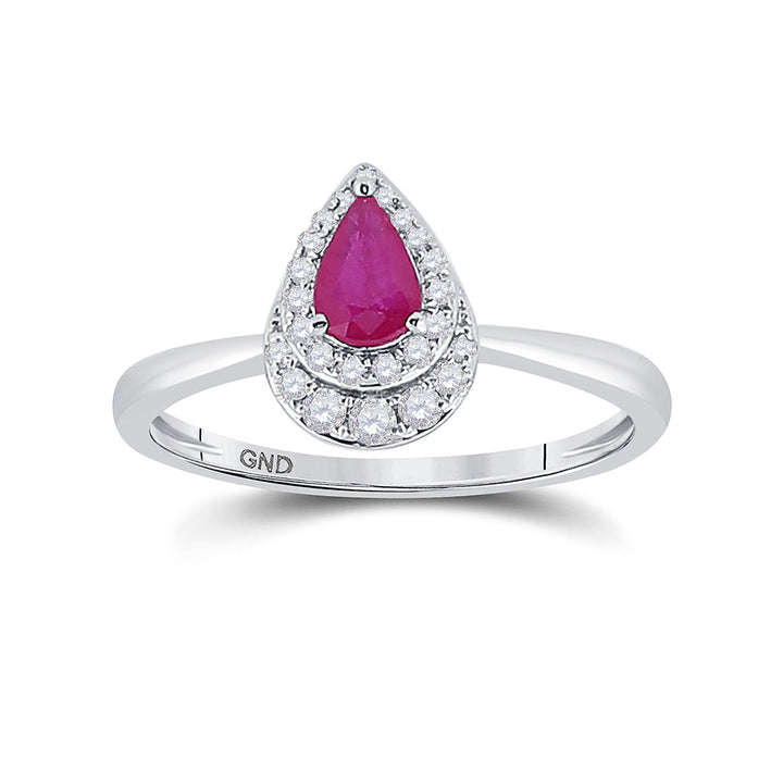 14kt White Gold Womens Pear Ruby Diamond Teardrop Halo Solitaire Ring 3/4 Cttw