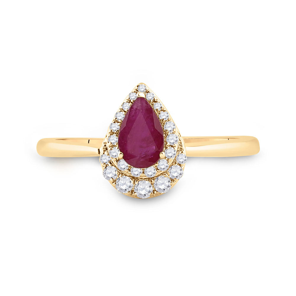 14kt Yellow Gold Womens Pear Ruby Diamond Halo Solitaire Ring 3/4 Cttw