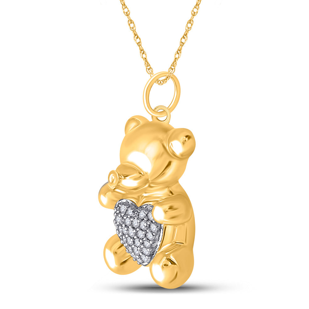 10kt Yellow Gold Womens Round Diamond Bear Heart Animal Pendant 1/10 Cttw