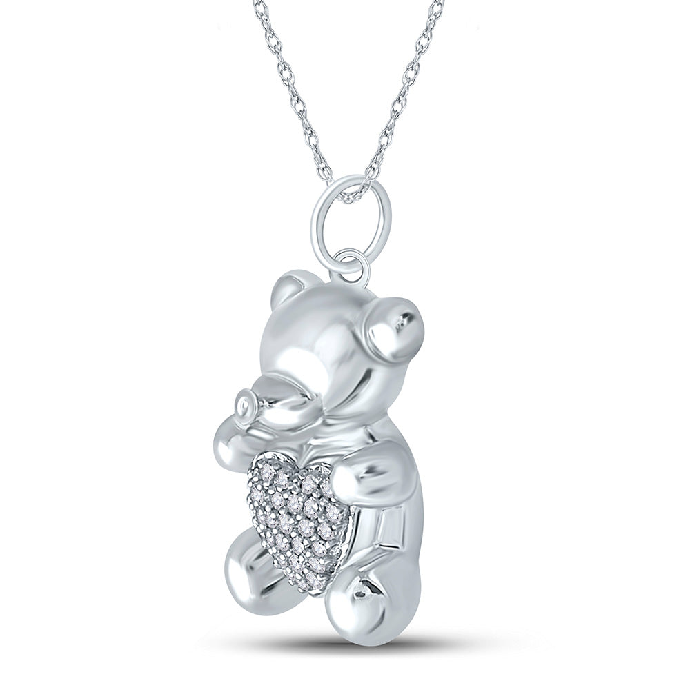 10kt White Gold Womens Round Diamond Bear Heart Animal Pendant 1/10 Cttw