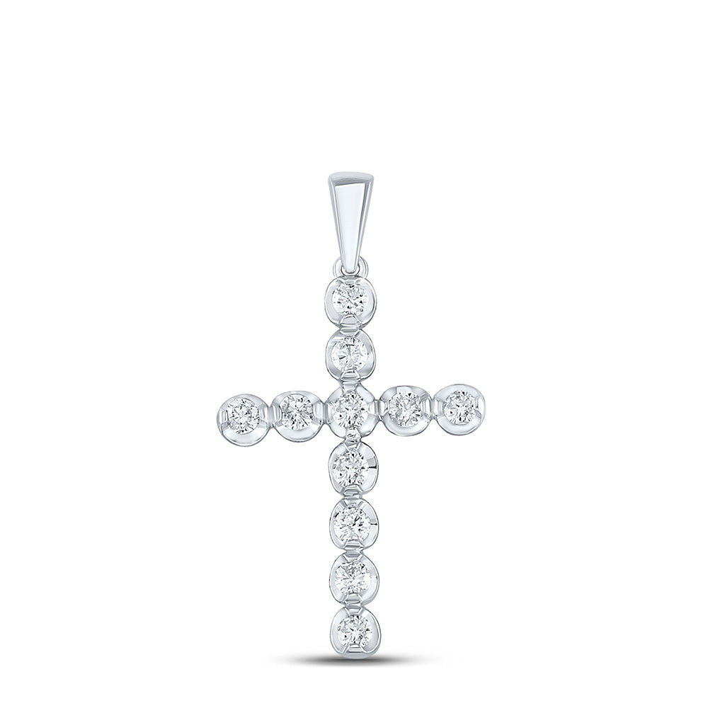 10kt White Gold Womens Round Diamond Cross Pendant 1/2 Cttw