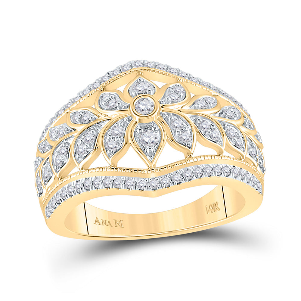 14kt Yellow Gold Womens Round Diamond Floral Fashion Ring 1/2 Cttw