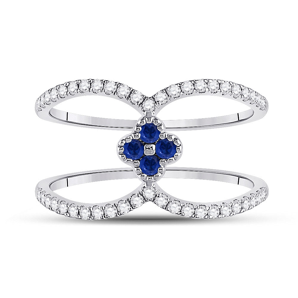 14kt White Gold Womens Round Blue Sapphire Clover Fashion Ring 3/8 Cttw