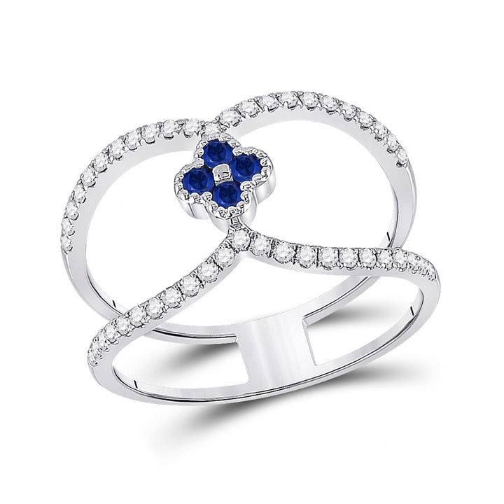 14kt White Gold Womens Round Blue Sapphire Clover Fashion Ring 3/8 Cttw