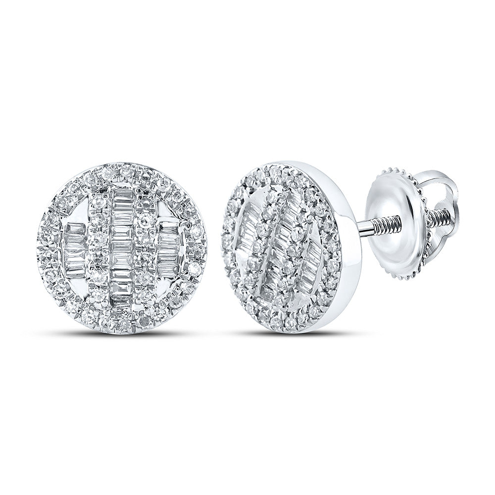 10kt White Gold Mens Baguette Diamond Circle Cluster Earrings 1/3 Cttw