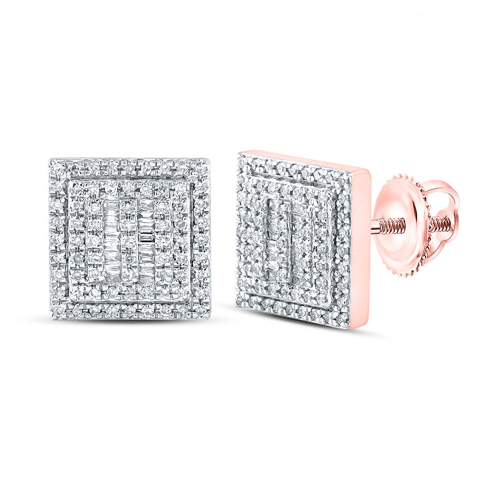 10kt Rose Gold Mens Baguette Diamond Square Earrings 1/2 Cttw