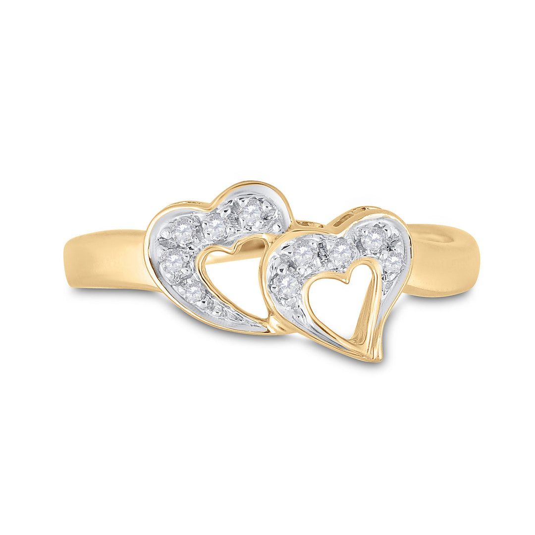 10kt Yellow Gold Womens Round Diamond Double Heart Ring 1/20 Cttw